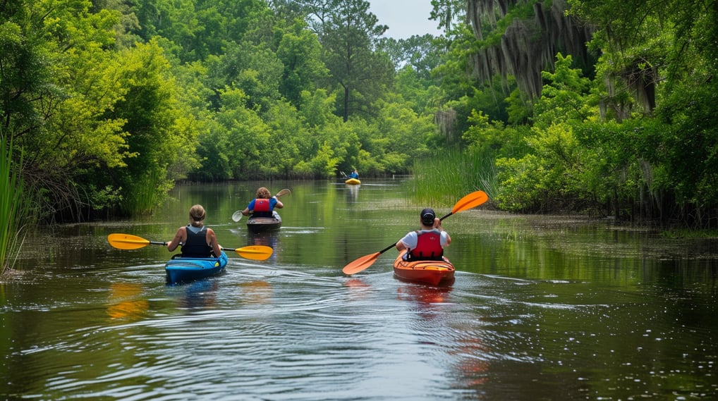 a group of people kayaking down a river near virginia beach