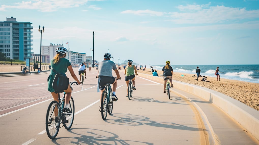 a group of people riding bikes on virginia beach boardwalk