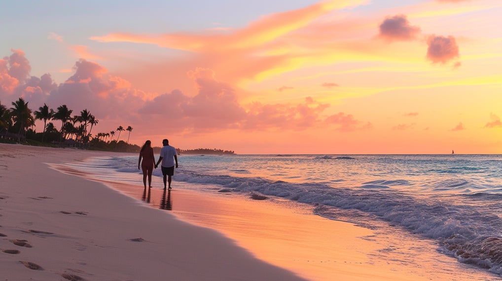 two people walking on the beach at sunset in dominican republic two people walking on the beach at sunset in dominican republic