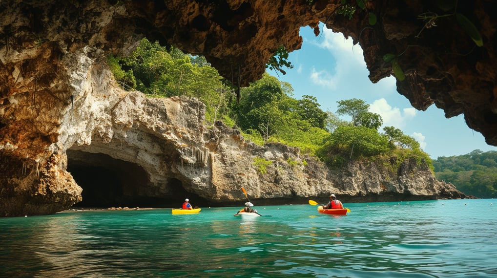a group of people kayaking in a cave in dominican republic a group of people kayaking in a cave in dominican republic