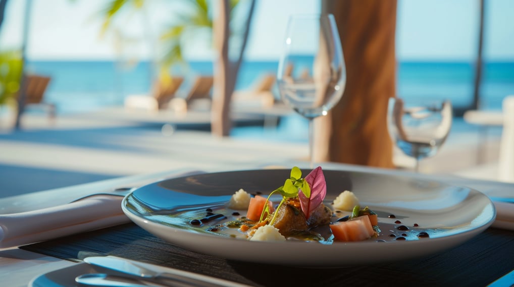 a plate of food and wine glasses on a table with the beach in the background a plate of food and wine glasses on a table with the beach in the background
