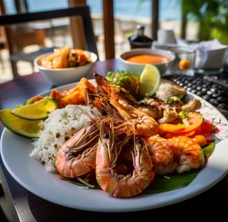 A plate of food with shrimp and rice at a restaurant in puerto plata A plate of food with shrimp and rice at a restaurant in puerto plata