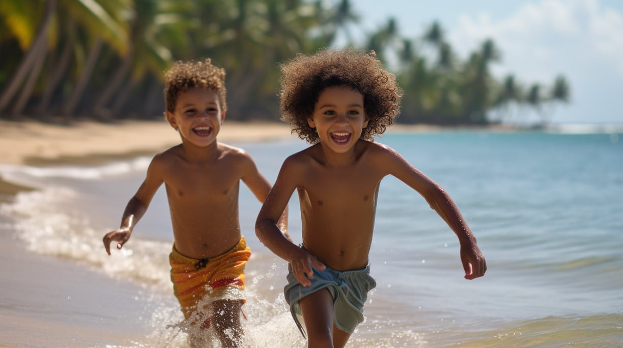 two young boys running in the waters at maimon beach two young boys running in the waters at maimon beach