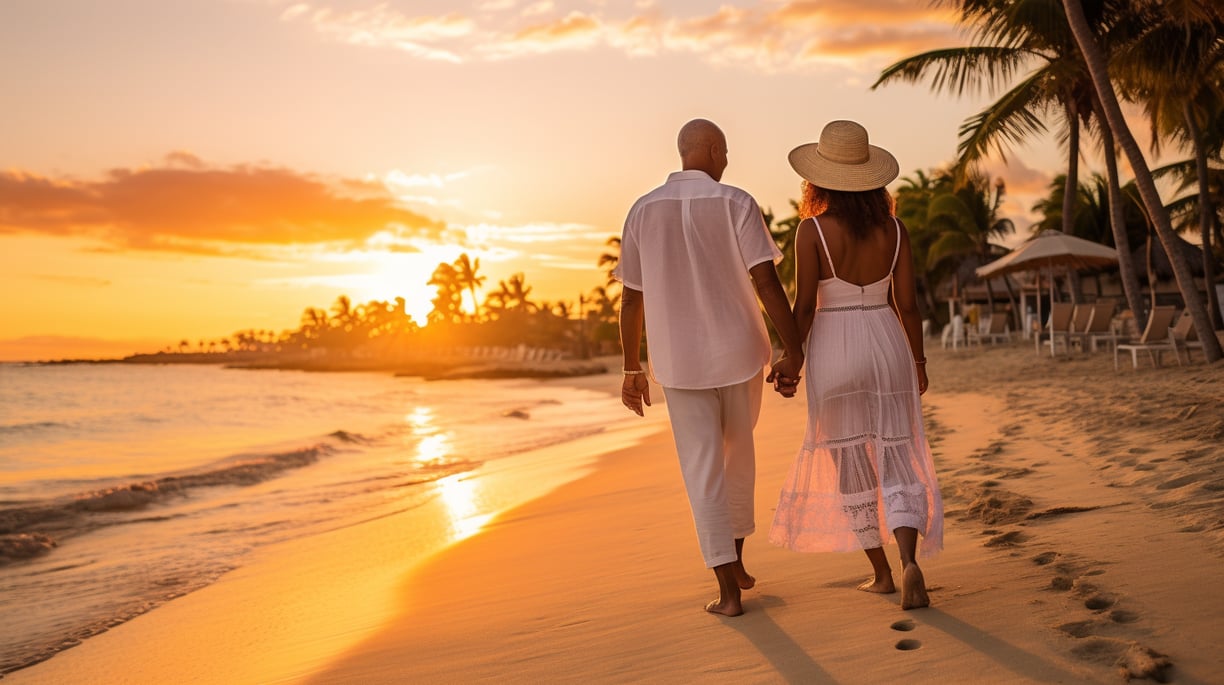 a man and woman walking on maimon beach during sunset a man and woman walking on maimon beach during sunset