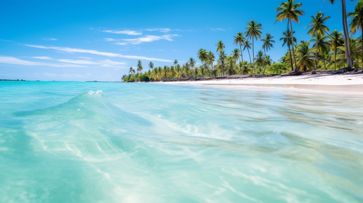a beach with clear water and palm trees a beach with clear water and palm trees