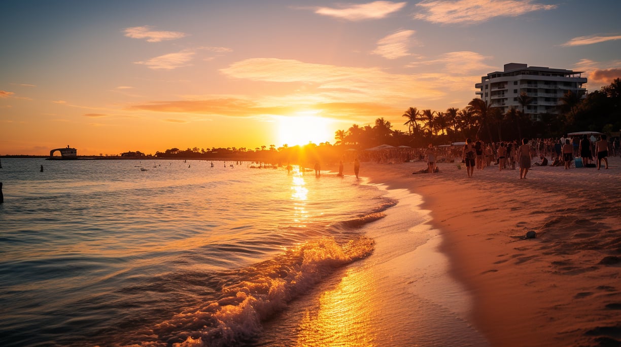 people walking along maimon beach shoreline during sunrise people walking along maimon beach shoreline during sunrise
