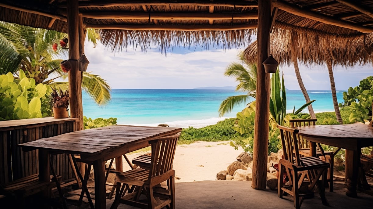 a hut with tables and chairs in front of the beach a hut with tables and chairs in front of the beach
