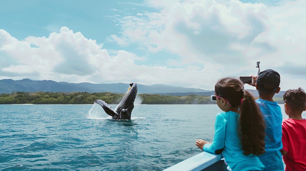 three children watching a whale from a distance in the dominican republic three children watching a whale from a distance in the dominican republic