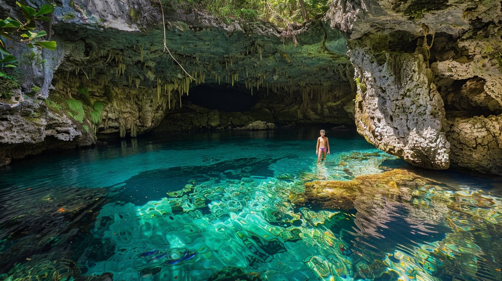a person standing in a cave a person standing in a cave