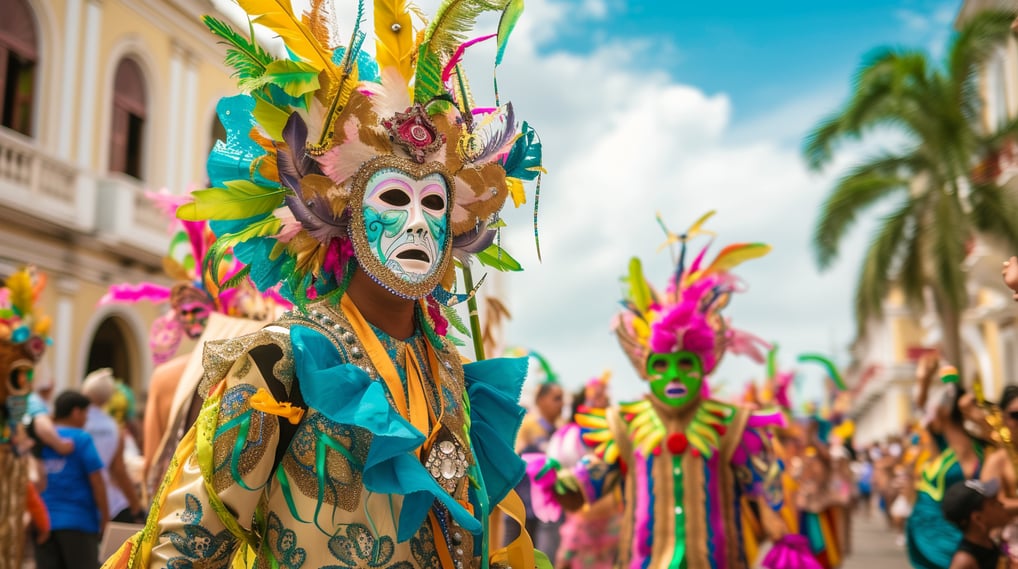 a man in a colorful mask and costume during a festival in dominican republic a man in a colorful mask and costume during a festival in dominican republic