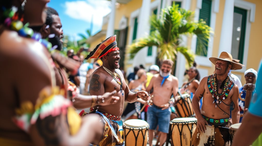 a group of people in colorful outfits playing drums during a festival in dominican republic a group of people in colorful outfits playing drums during a festival in dominican republic