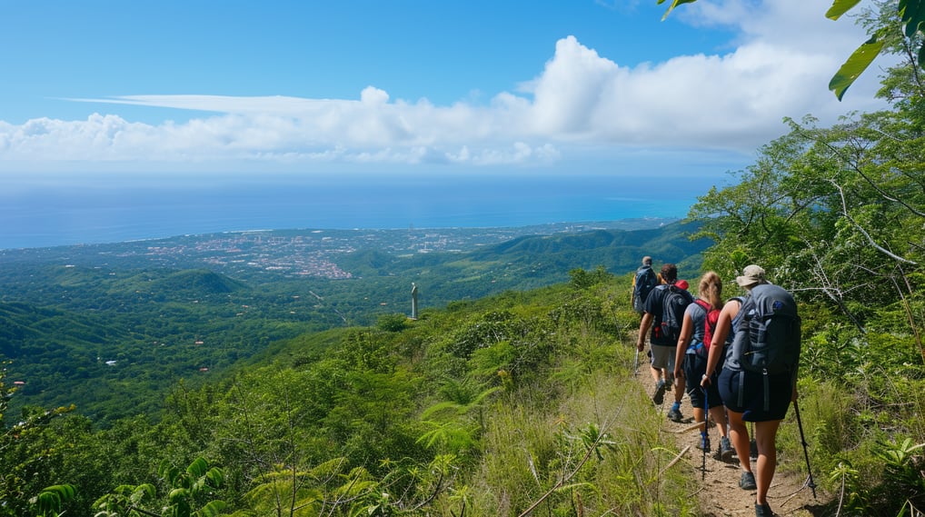 a group of people walking up a trail in puerto plata a group of people walking up a trail in puerto plata