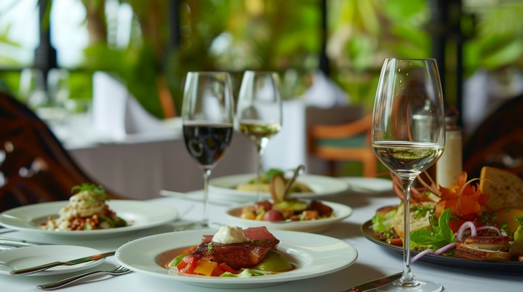 a table with plates of food and wine glasses at a restaurant in in dominican republic a table with plates of food and wine glasses at a restaurant in in dominican republic