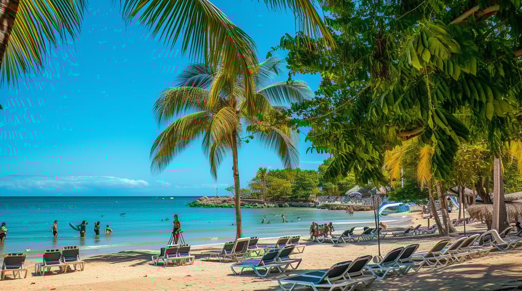 a beach in puerto plata with lounge chairs and palm trees a beach in puerto plata with lounge chairs and palm trees