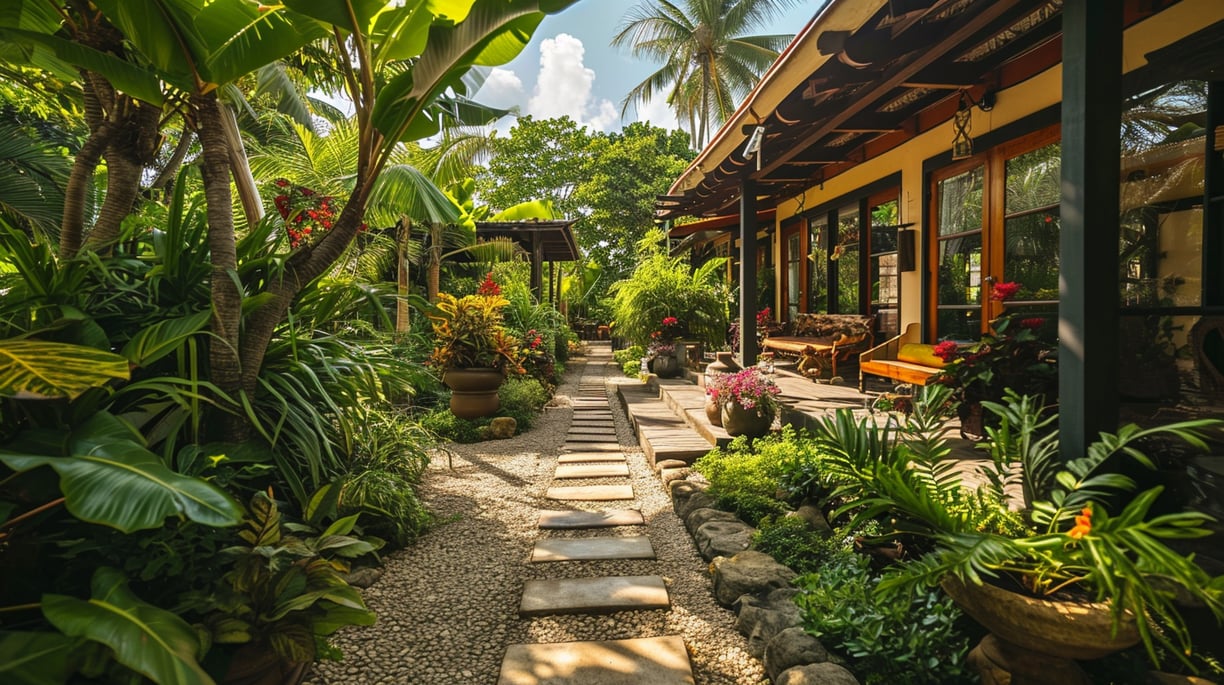a garden with a path leading to a house a garden with a path leading to a house