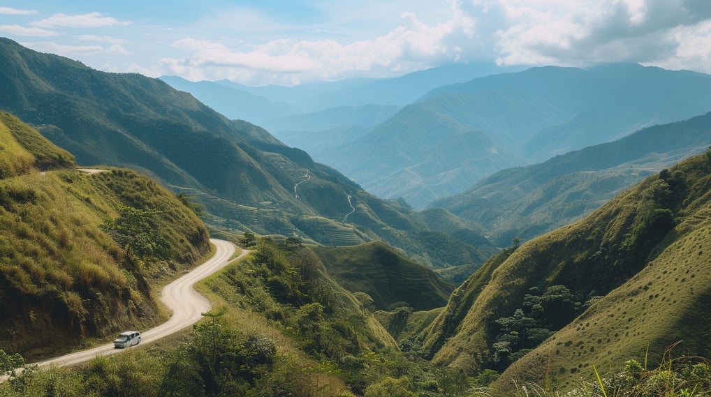 a car driving down a mountain road a car driving down a mountain road