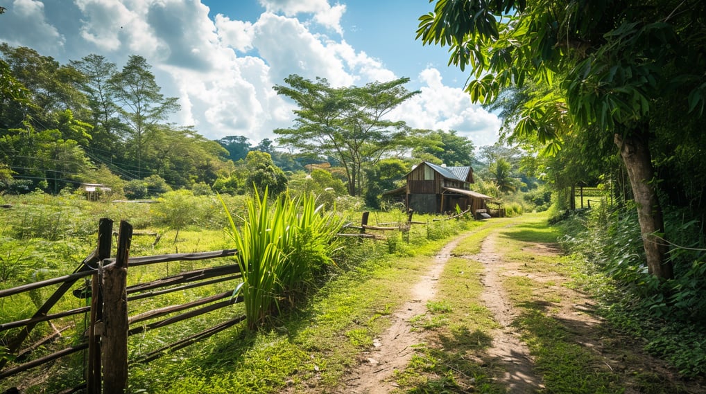 a dirt road with a fence and a barn in the background a dirt road with a fence and a barn in the background