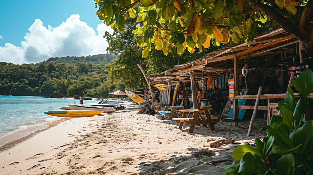 a beach with a bunch of surfboards and a boat a beach with a bunch of surfboards and a boat