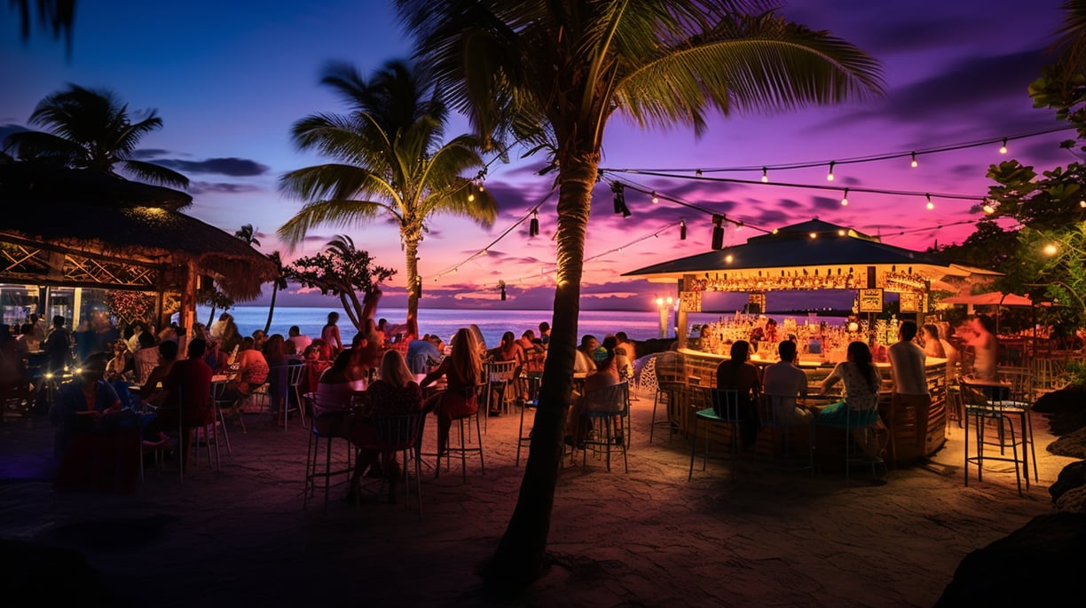 a group of people sitting at a bar with a sunset a group of people sitting at a bar with a sunset