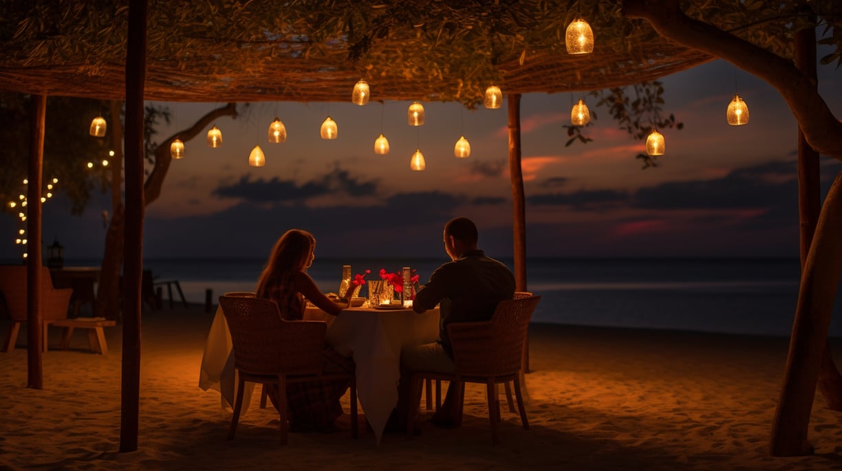 a couple sitting at a table with candles and candles a couple sitting at a table with candles and candles