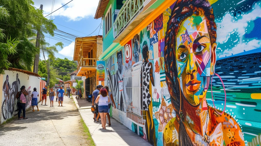 a woman walking down a street with a mural of a woman's face a woman walking down a street with a mural of a woman's face