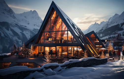 guests walking outside a modern ski chalet in Armenia