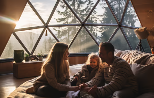 a family settling into their glamping tent in Armenia