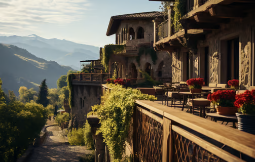 the wood and brick exteriors of a nature retreat hotel in Armenia