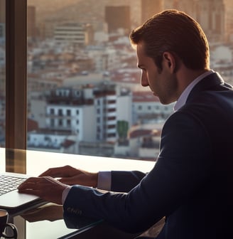 a man sitting at a desk with a laptop computer a man sitting at a desk with a laptop computer