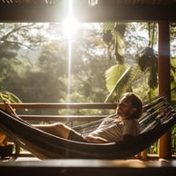 A hotel guest relaxing on a hammock in a Tortuguero hotel in Costa Rica A hotel guest relaxing on a hammock in a Tortuguero hotel in Costa Rica