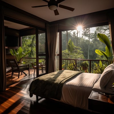 A hotel room in Tortuguero with views of the rainforest.