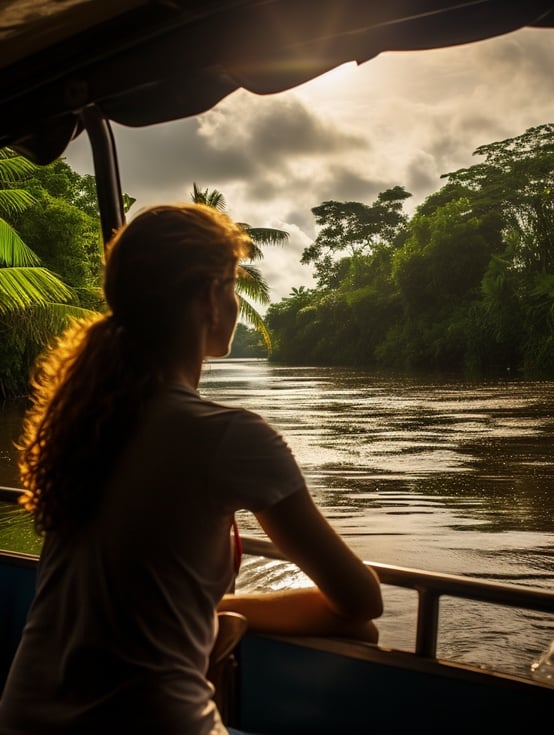 A tourist enjoying a houseboat ride in the waters of Tortuguero National Park. A tourist enjoying a houseboat ride in the waters of Tortuguero National Park.