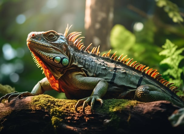 An endemic iguana perched on a tree in the rainforests of Tortuguero, Costa Rica.