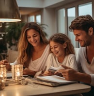 a family sitting at a table with candles