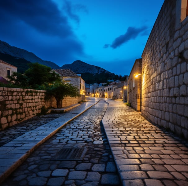 A narrow cobblestone street in the old town of Kotor, Croatia