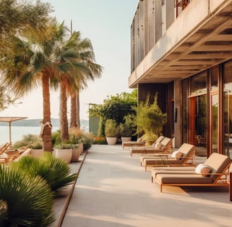 A cozy beach house nestled by the sea, with palm trees and a sandy shore in the background