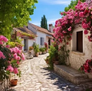 A cobblestone street lined with pink flowers in full bloom during the summer season
