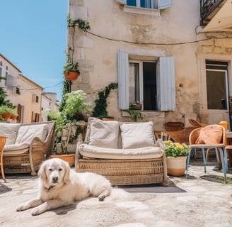 A dog sitting on a patio in front of a house