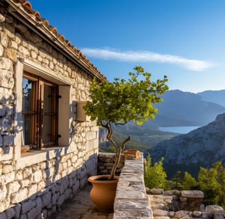 A picturesque house overlooking mountains and a serene lake