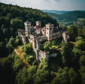 Castle nestled in lush green trees, surrounded by dense forest