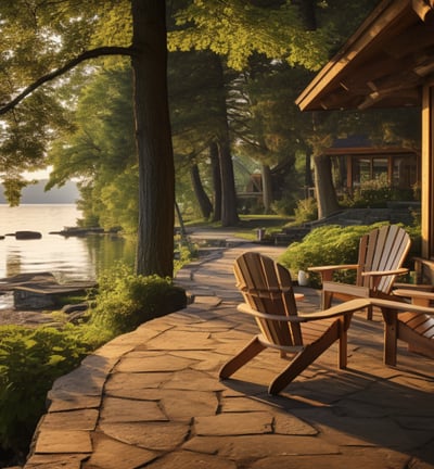A wooden deck chair sitting on a stone patio of a lakeside cottage