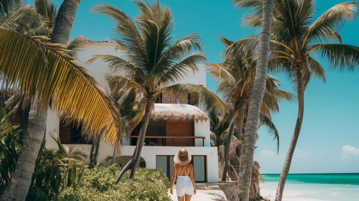 A person walking towards a beach house surrounded by palm trees under a clear blue sky. A person walking towards a beach house surrounded by palm trees under a clear blue sky.