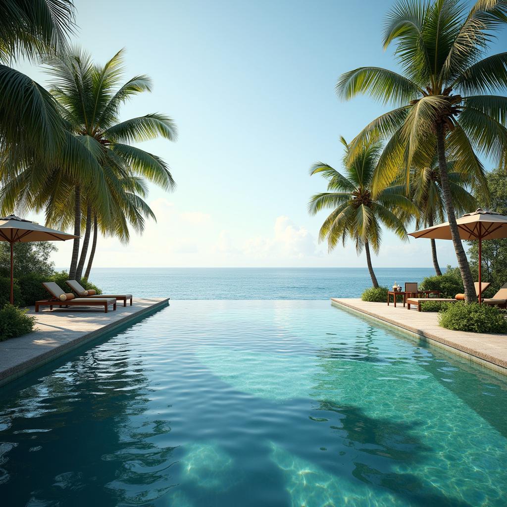Luxurious eco-resort with infinity pool overlooking the ocean, surrounded by palm trees, emphasizing tranquility.