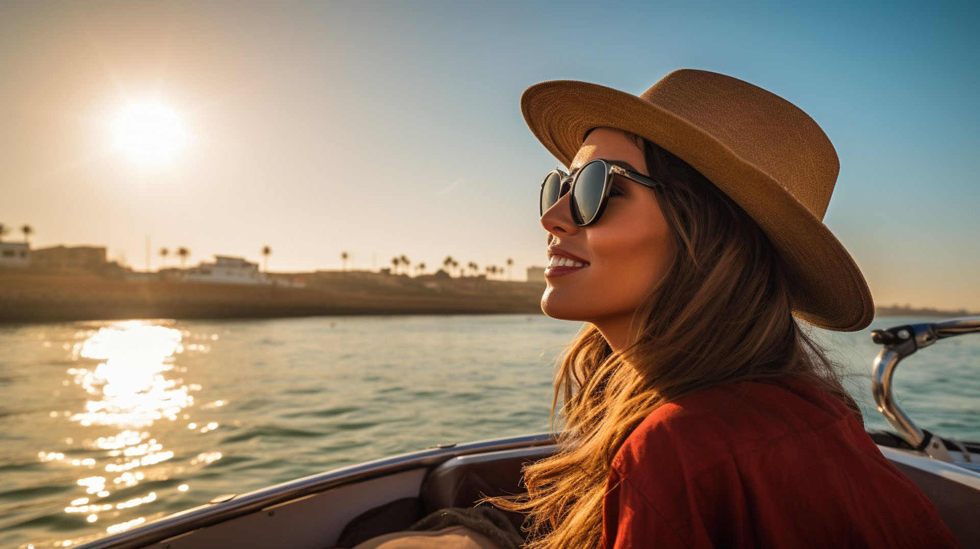 A woman wearing a hat and sunglasses on a boat A woman wearing a hat and sunglasses on a boat