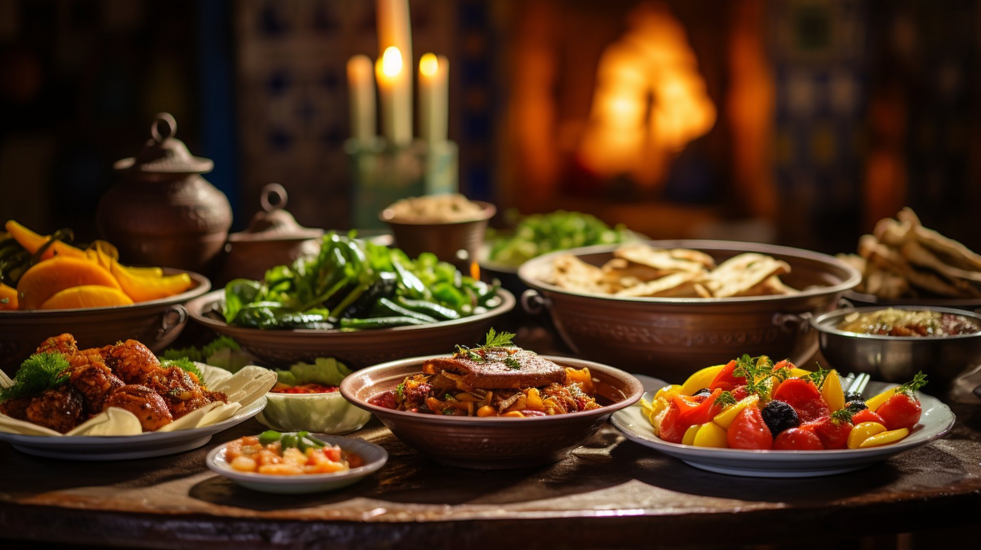 Various types of food displayed on a table, including fruits, vegetables, meats, and desserts Various types of food displayed on a table, including fruits, vegetables, meats, and desserts