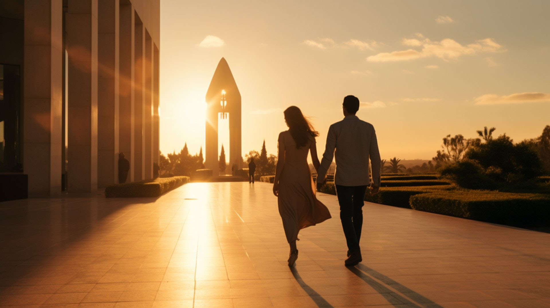 A couple strolling in front of a building during sunset, casting long shadows on the ground A couple strolling in front of a building during sunset, casting long shadows on the ground