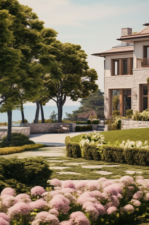 A spacious house beside a lake with a colorful garden filled with blooming flowers.