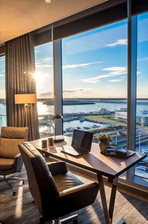 A corporate room with desk, chair, laptop, lamp and outside lake view from window.