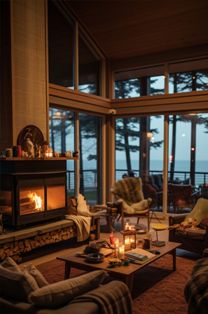 A cozy living room with a fireplace and a stunning ocean view.