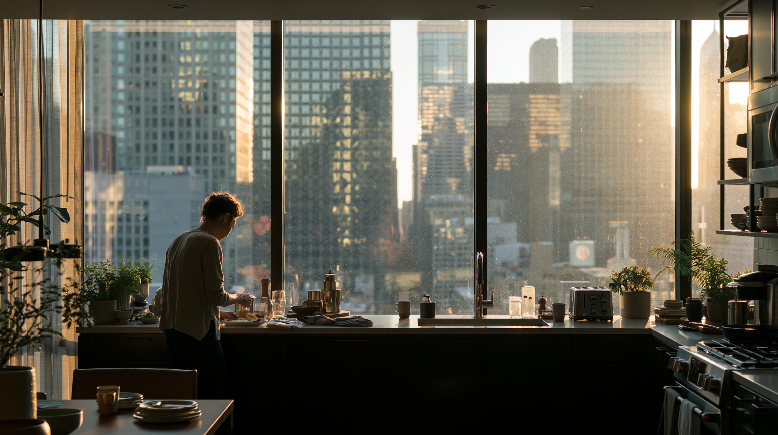 Traveler enjoying breakfast in a luxury aparthotel